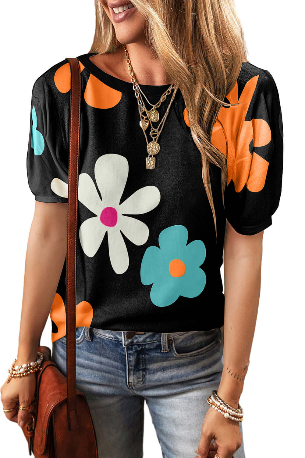 Blossom Breeze Floral Bubble Sleeve Top