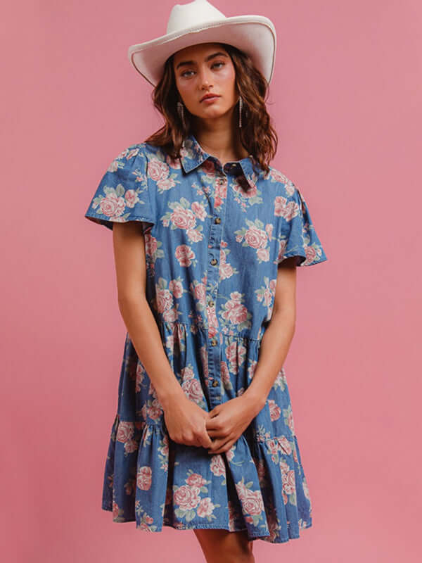 Blue Floral Denim Shirt Casual Midi Button Dress