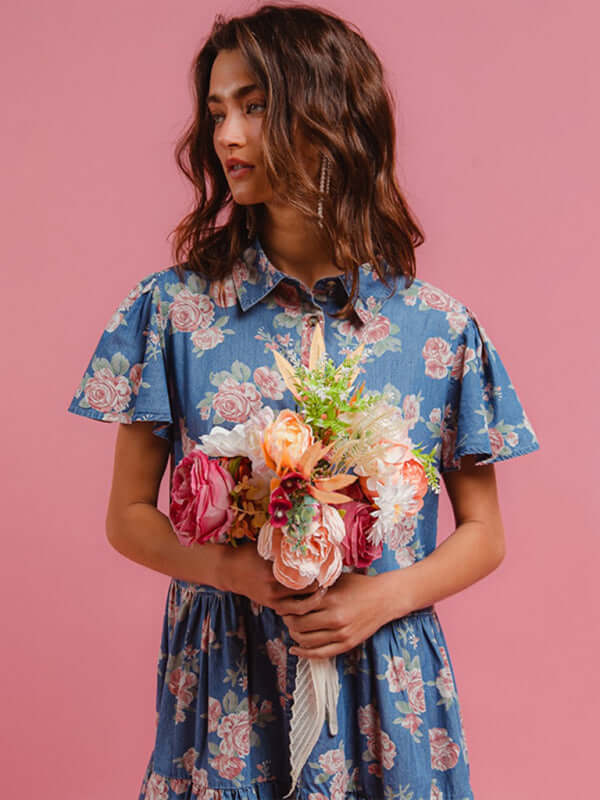 Blue Floral Denim Shirt Casual Midi Button Dress