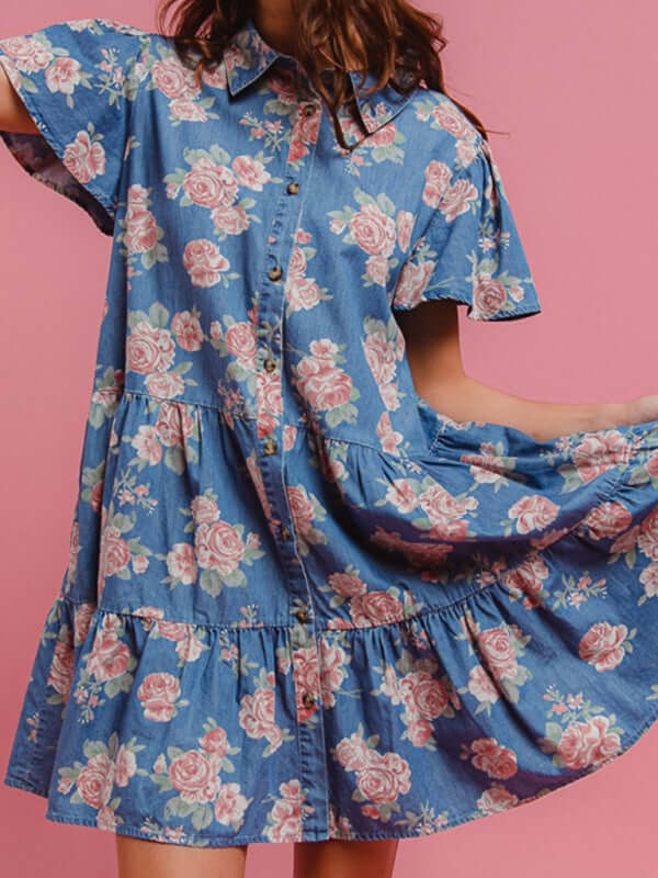 Blue Floral Denim Shirt Casual Midi Button Dress