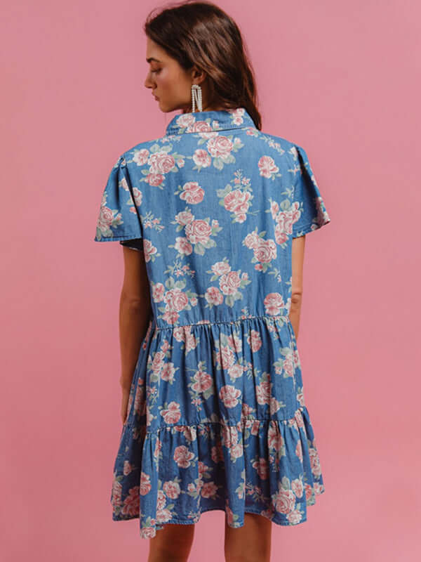 Blue Floral Denim Shirt Casual Midi Button Dress