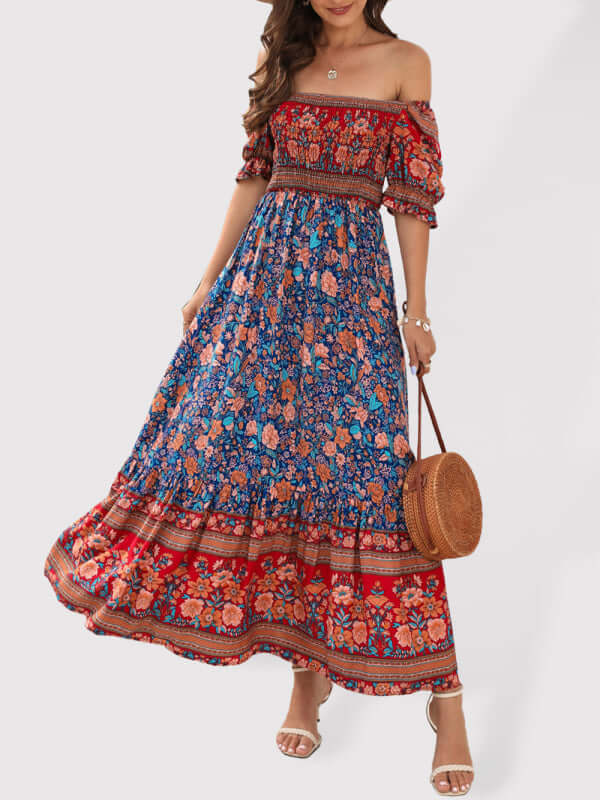 Boho Beauty Puff Sleeve Off-Shoulder Floral Midi Dress