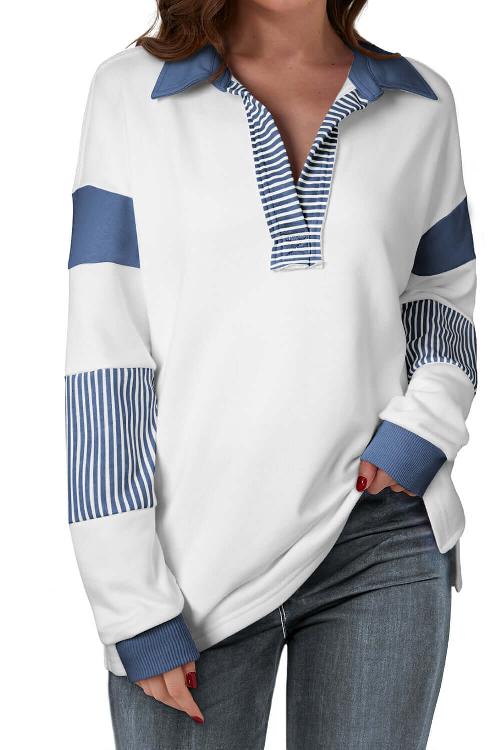Bold Contrast Striped Colorblock Collar Sweatshirt