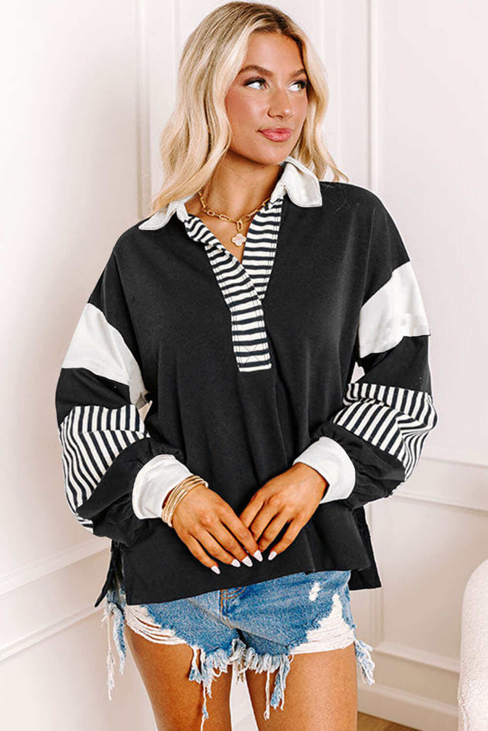 Bold Contrast Striped Colorblock Collar Sweatshirt
