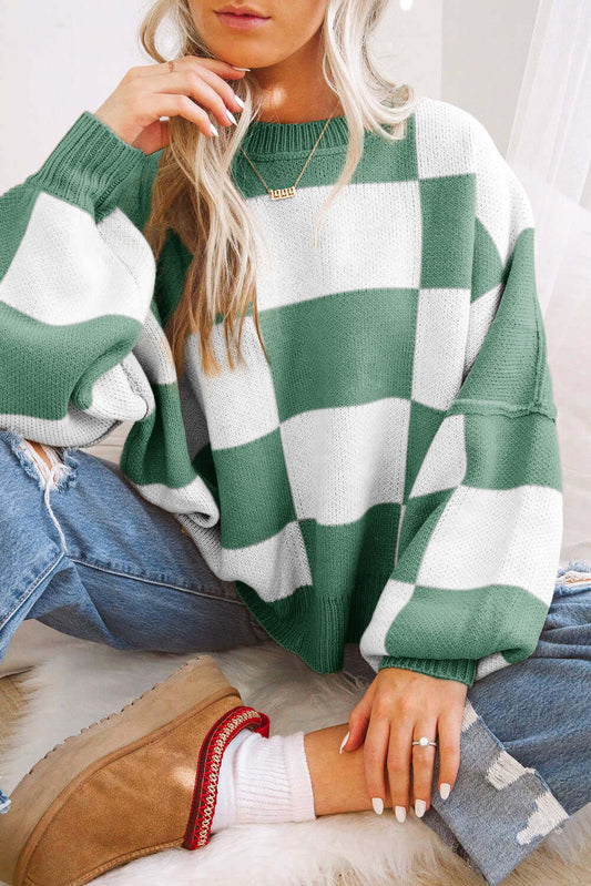 Checkered Bishop Sleeve Acrylic Knit Sweater