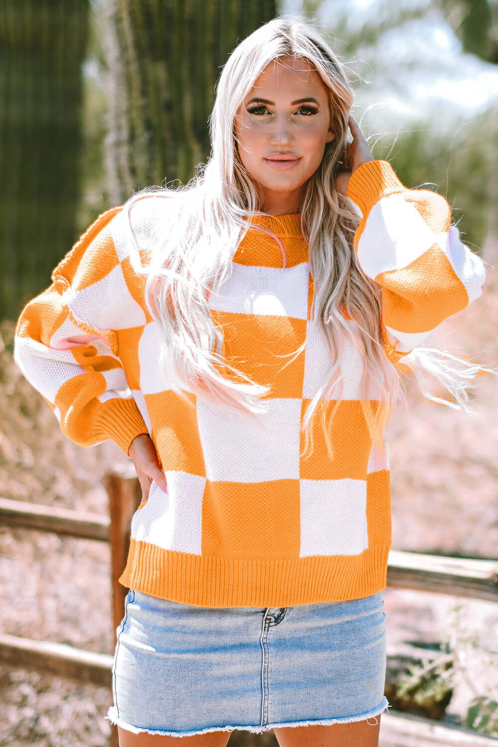 Checkered Bishop Sleeve Acrylic Knit Sweater