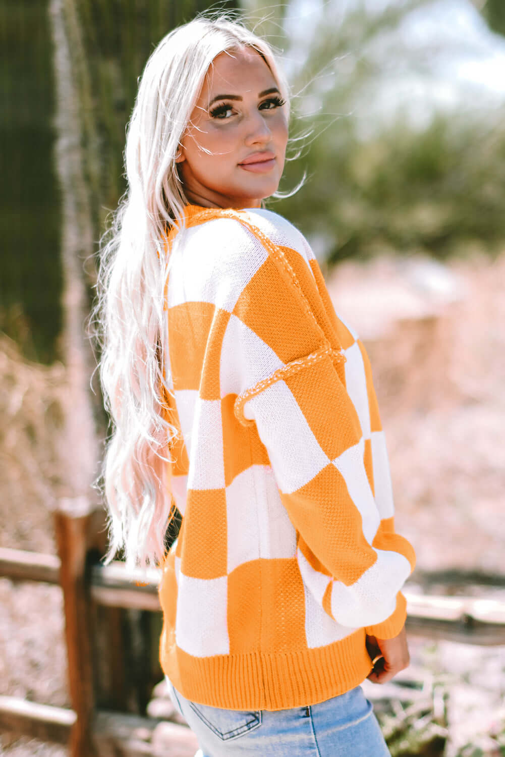 Checkered Bishop Sleeve Acrylic Knit Sweater