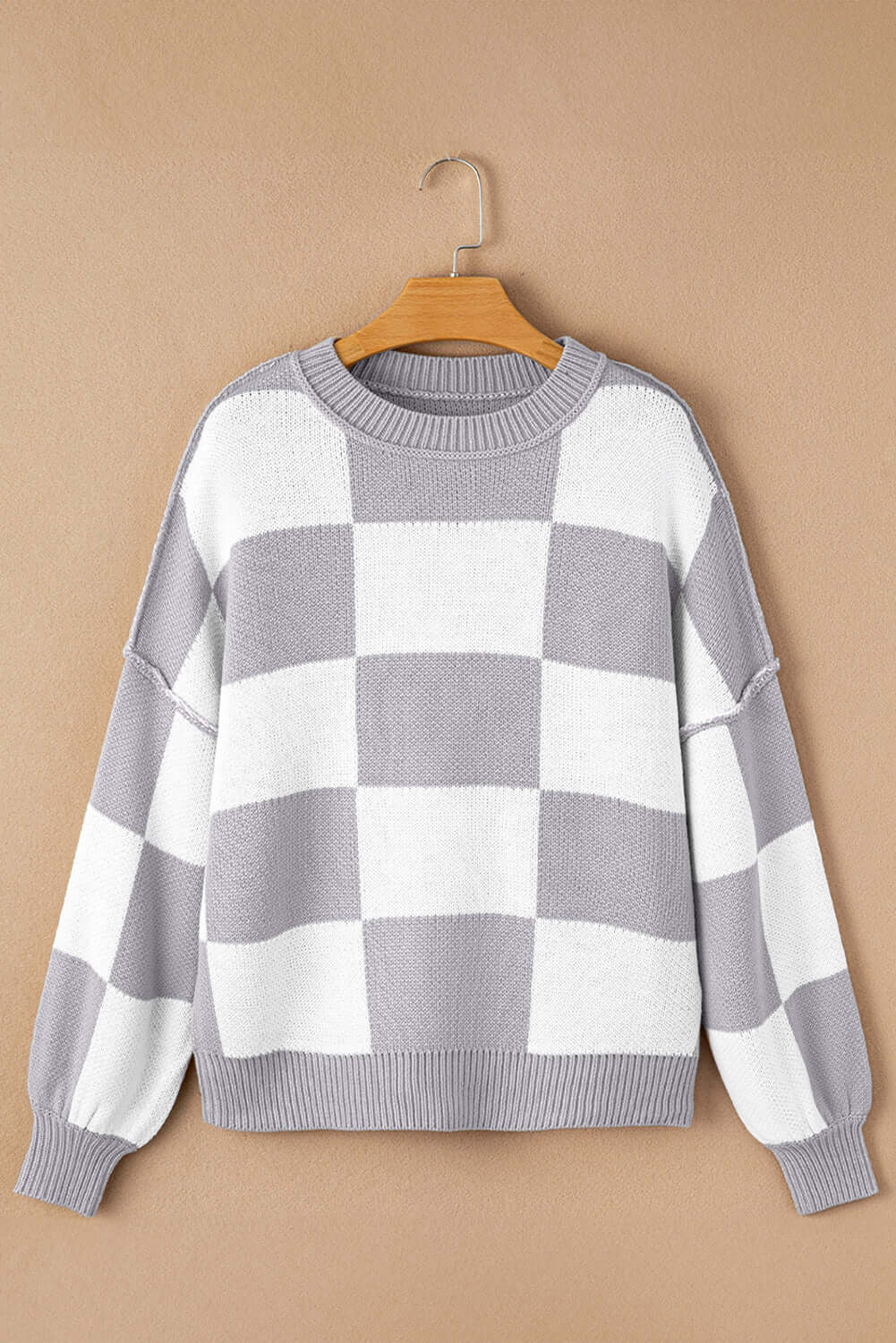 Checkered Bishop Sleeve Acrylic Knit Sweater