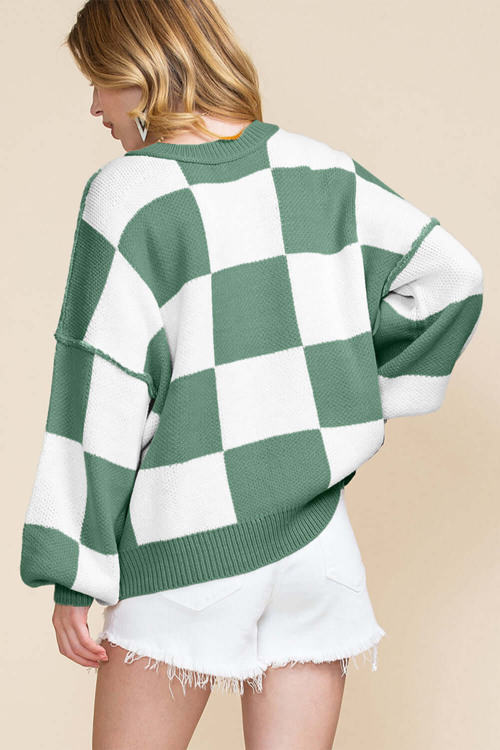 Checkered Bishop Sleeve Acrylic Knit Sweater