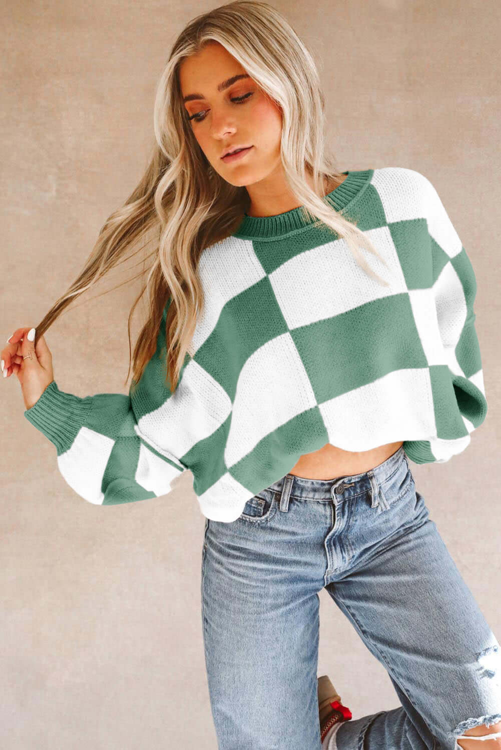 Checkered Bishop Sleeve Acrylic Knit Sweater