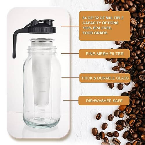 Cold Brew Crafter Leak-Proof Mason Jar with Filter 64oz