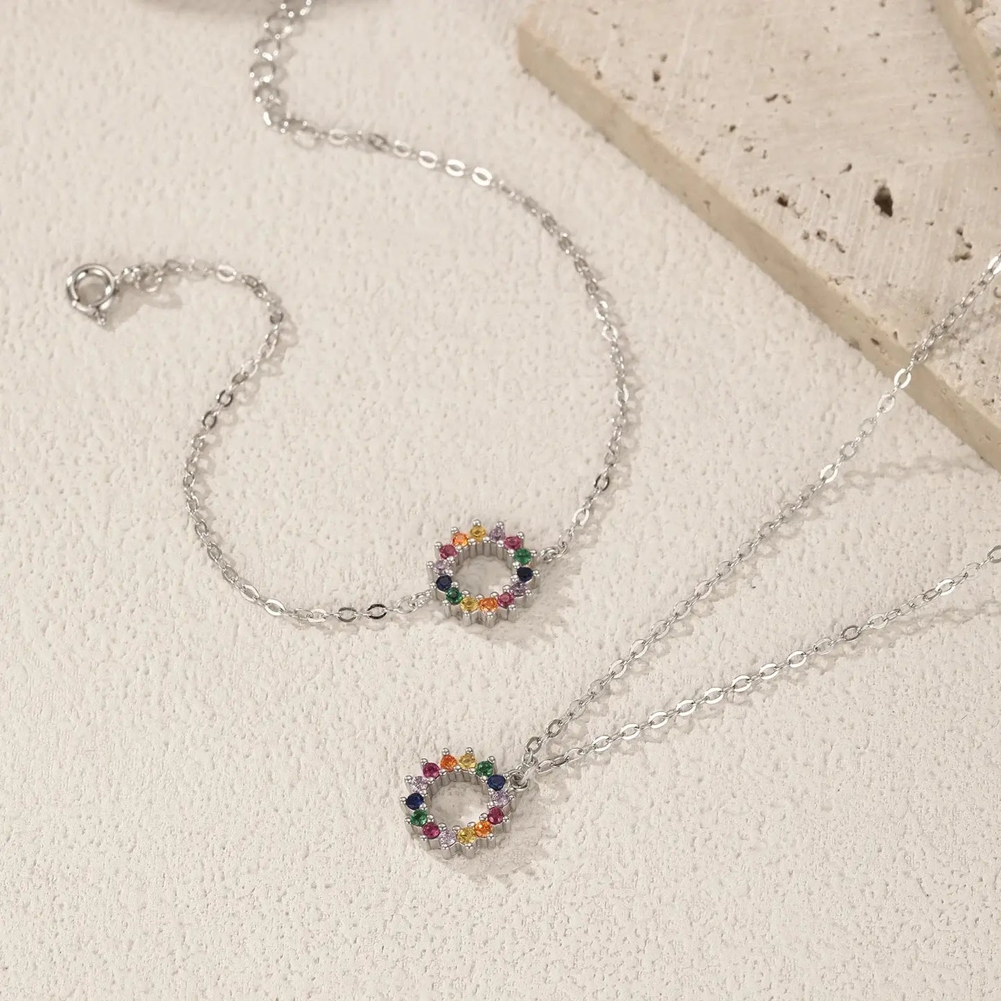 Color Burst 925 CZ Necklace and Bracelet Jewelry Set