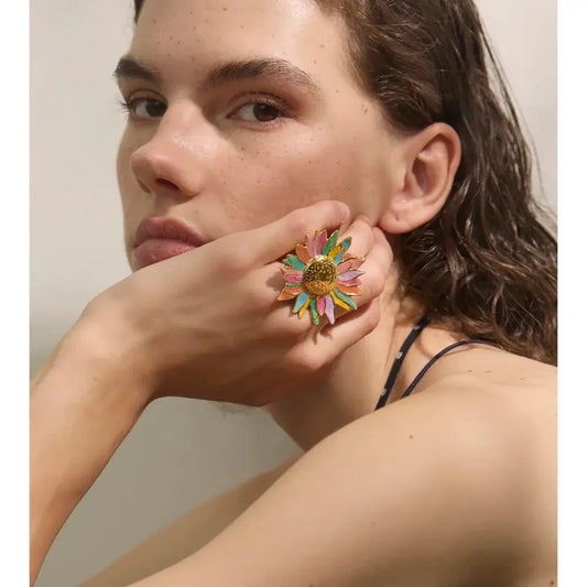 Colorful Enamel Flower-18K Gold-Plated Ring