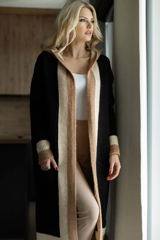 Cozy Contrast Hooded Open Front Cardigan with Pockets