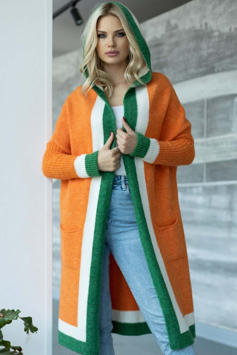 Cozy Contrast Hooded Open Front Cardigan with Pockets