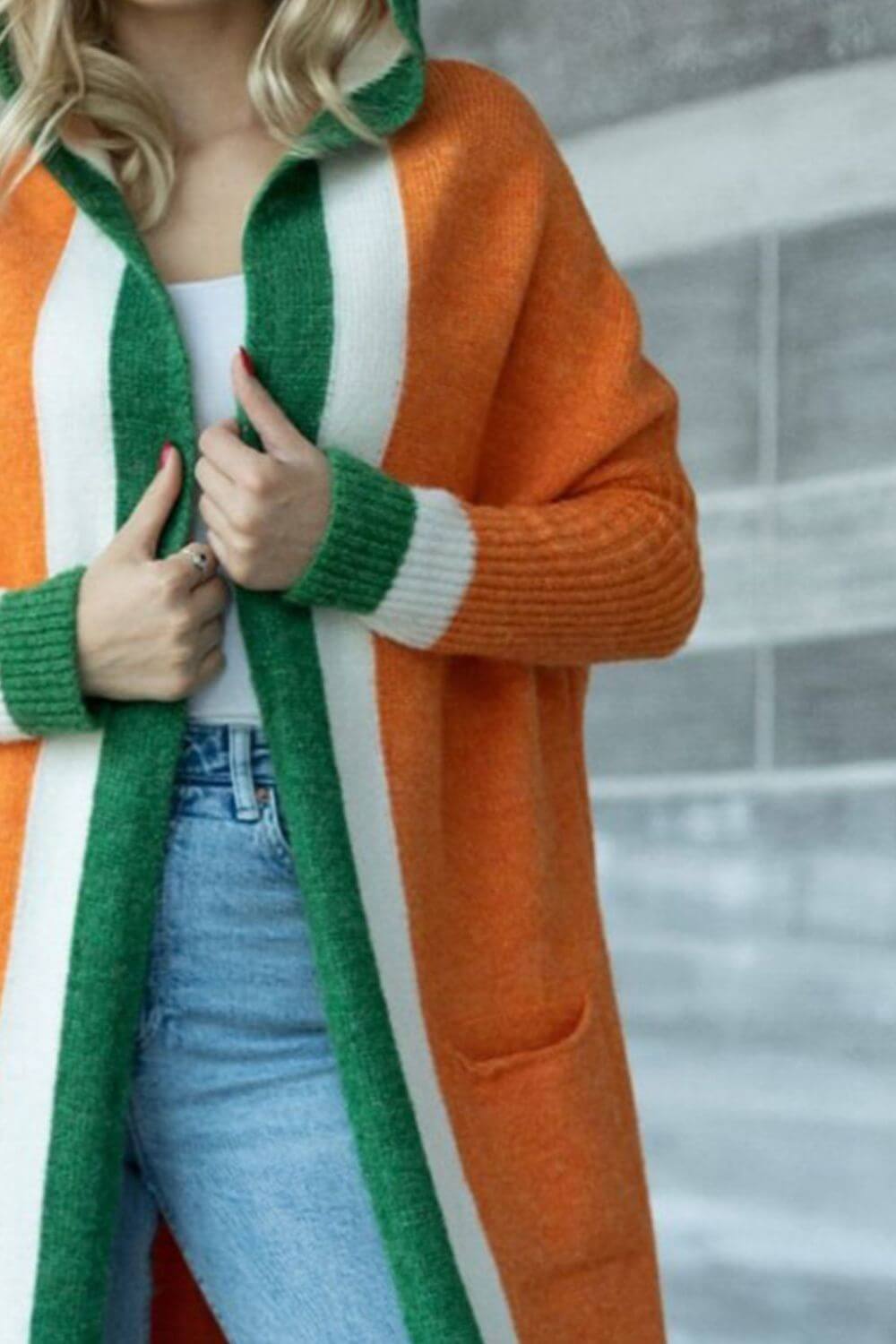 Cozy Contrast Hooded Open Front Cardigan with Pockets