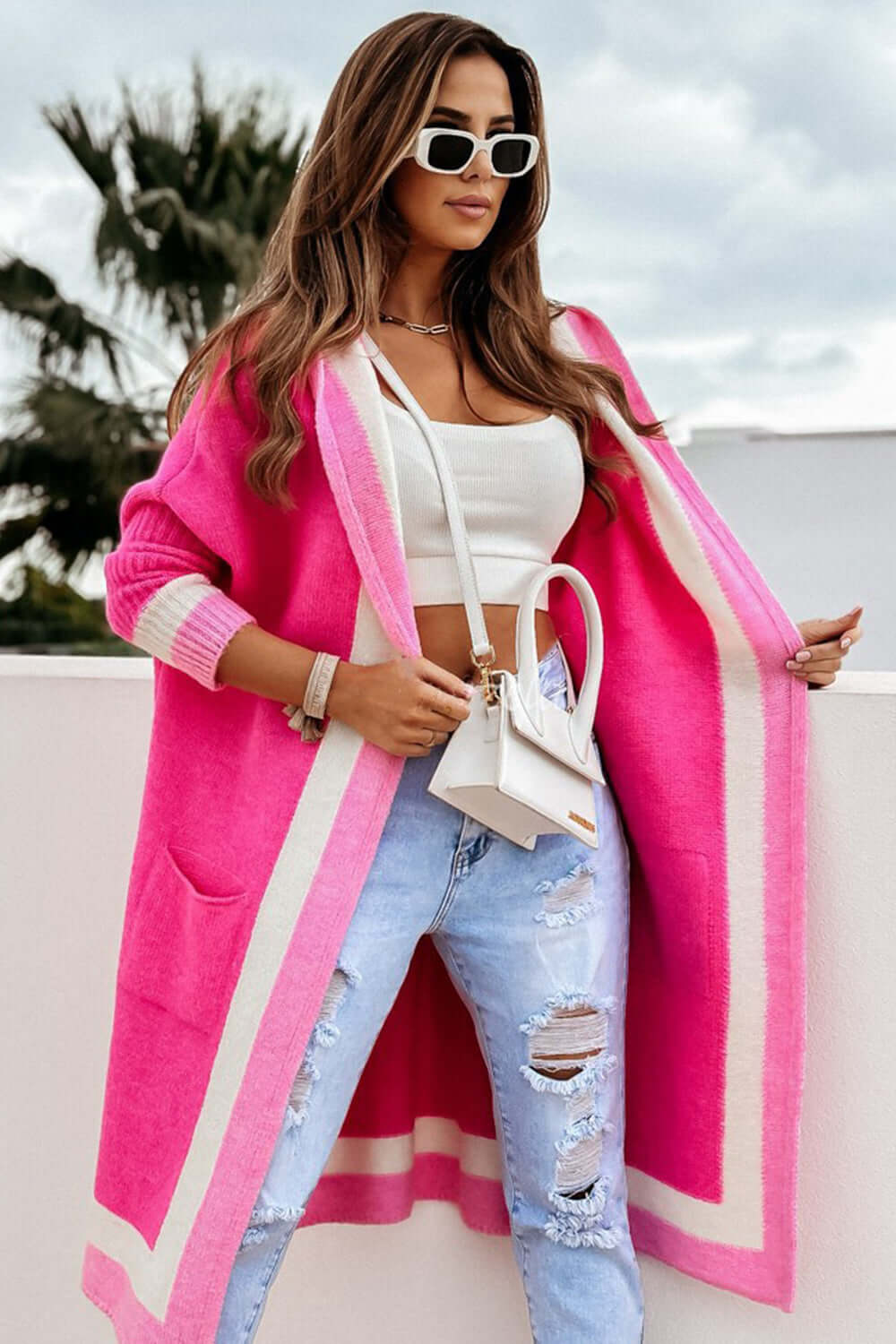 Cozy Contrast Hooded Open Front Cardigan with Pockets