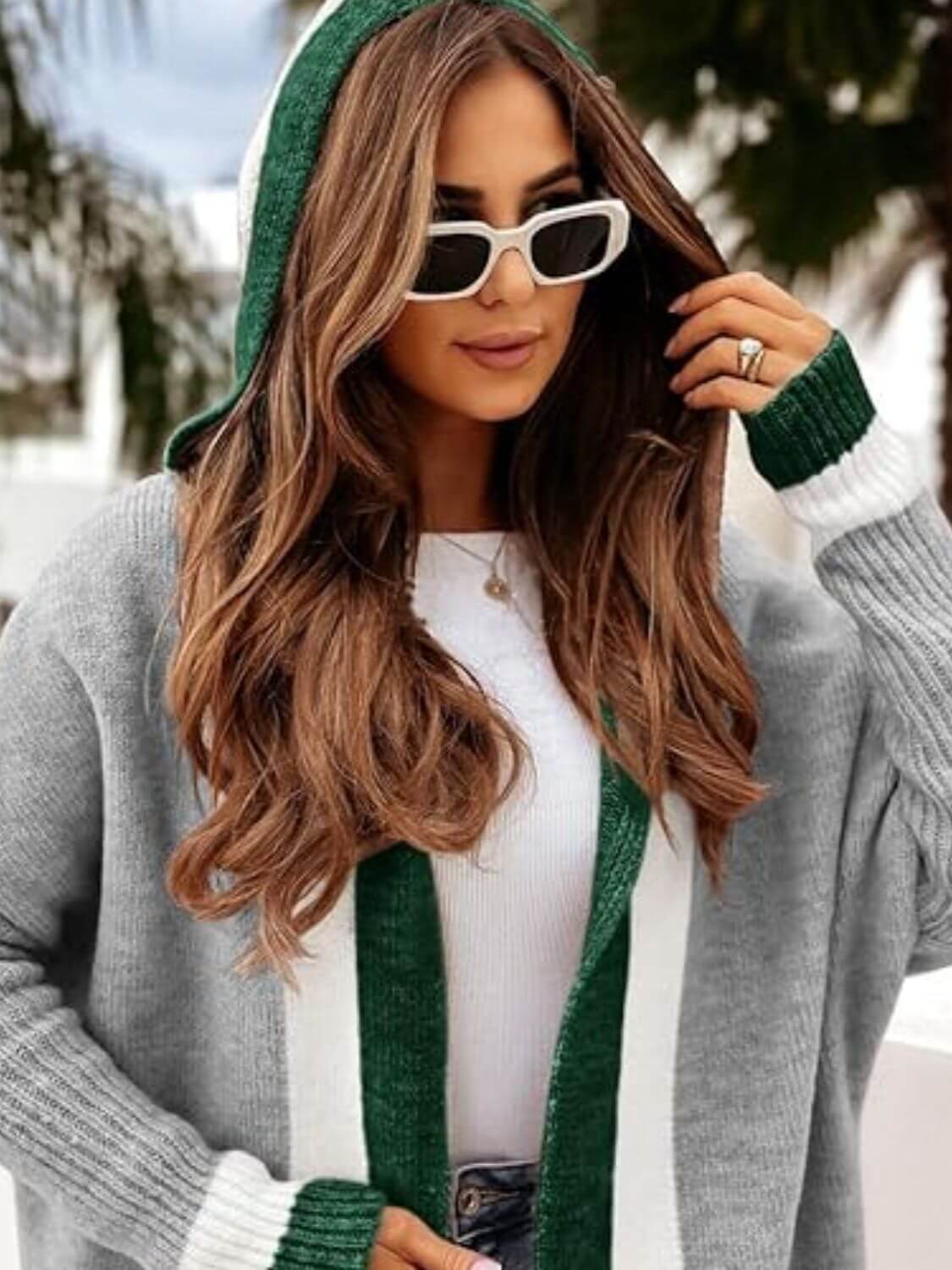 Cozy Contrast Hooded Open Front Cardigan with Pockets