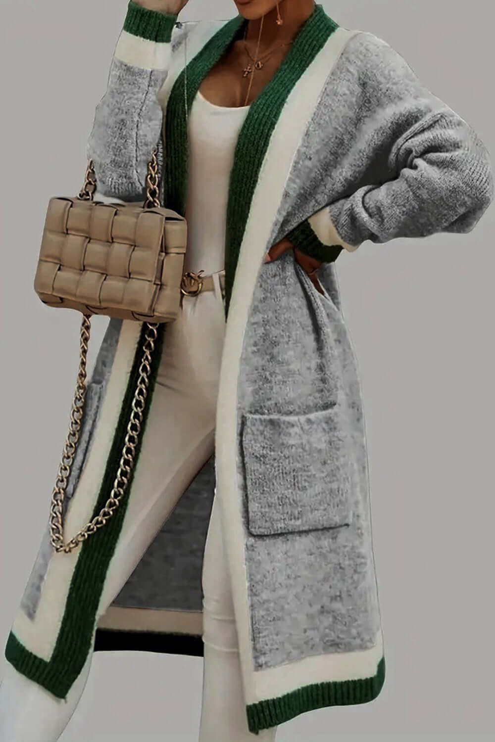 Cozy Contrast Hooded Open Front Cardigan with Pockets