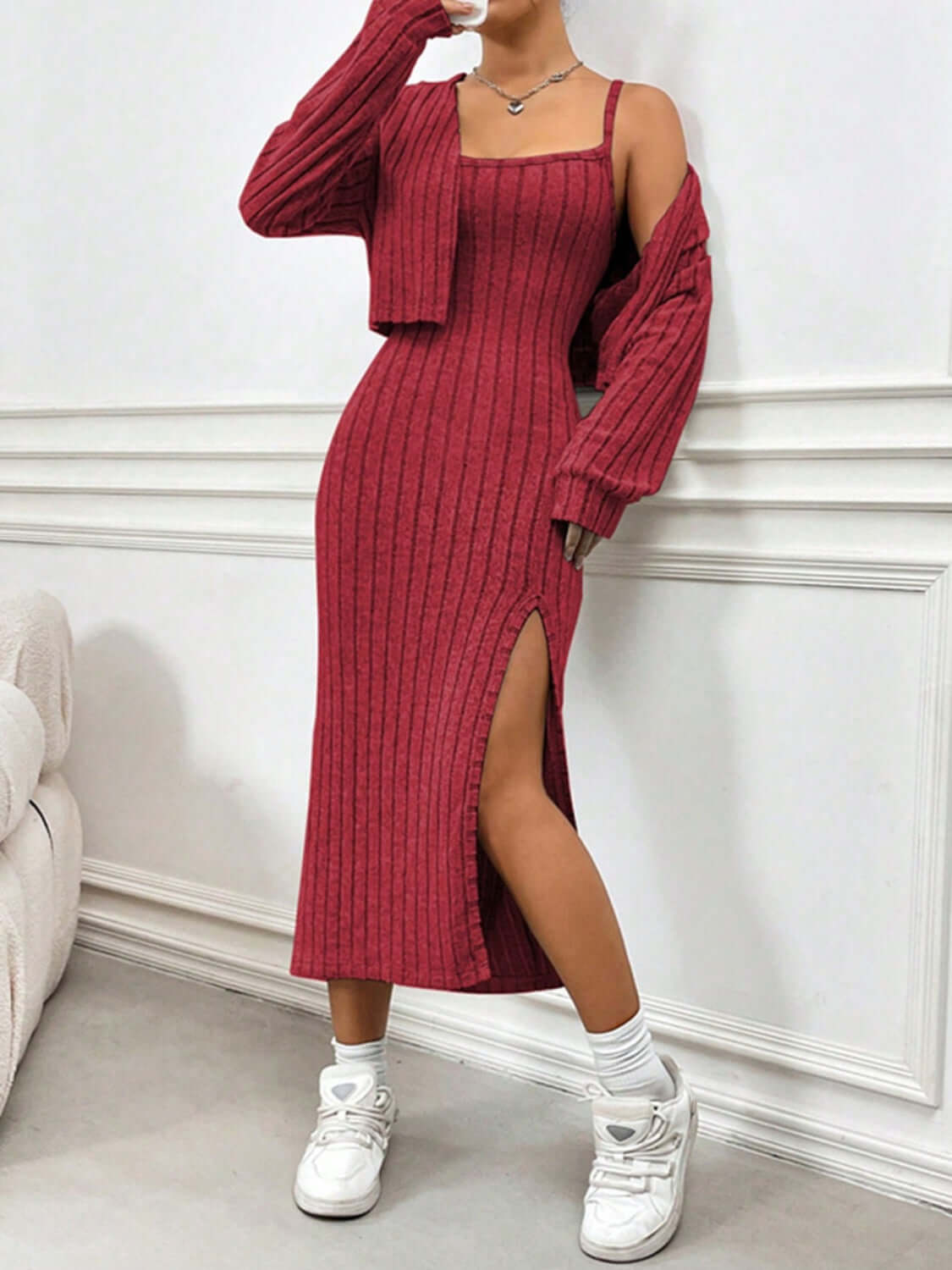 Cozy Glam Ribbed Cardigan & Slit Cami Dress Set