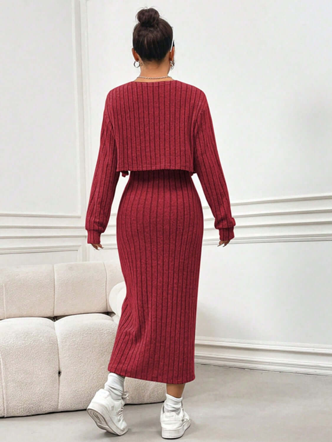 Cozy Glam Ribbed Cardigan & Slit Cami Dress Set