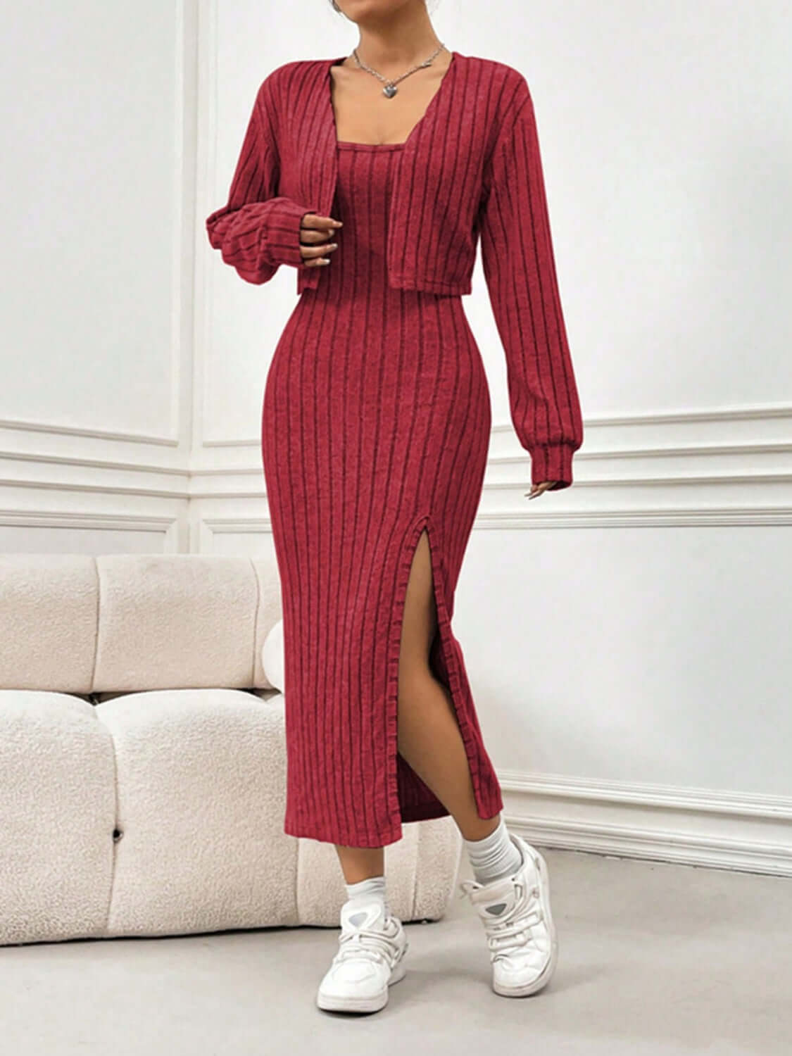 Cozy Glam Ribbed Cardigan & Slit Cami Dress Set