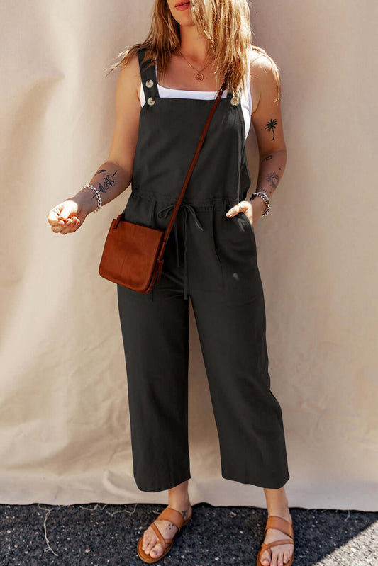 Cropped Drawstring Jumpsuit with Buttoned Straps