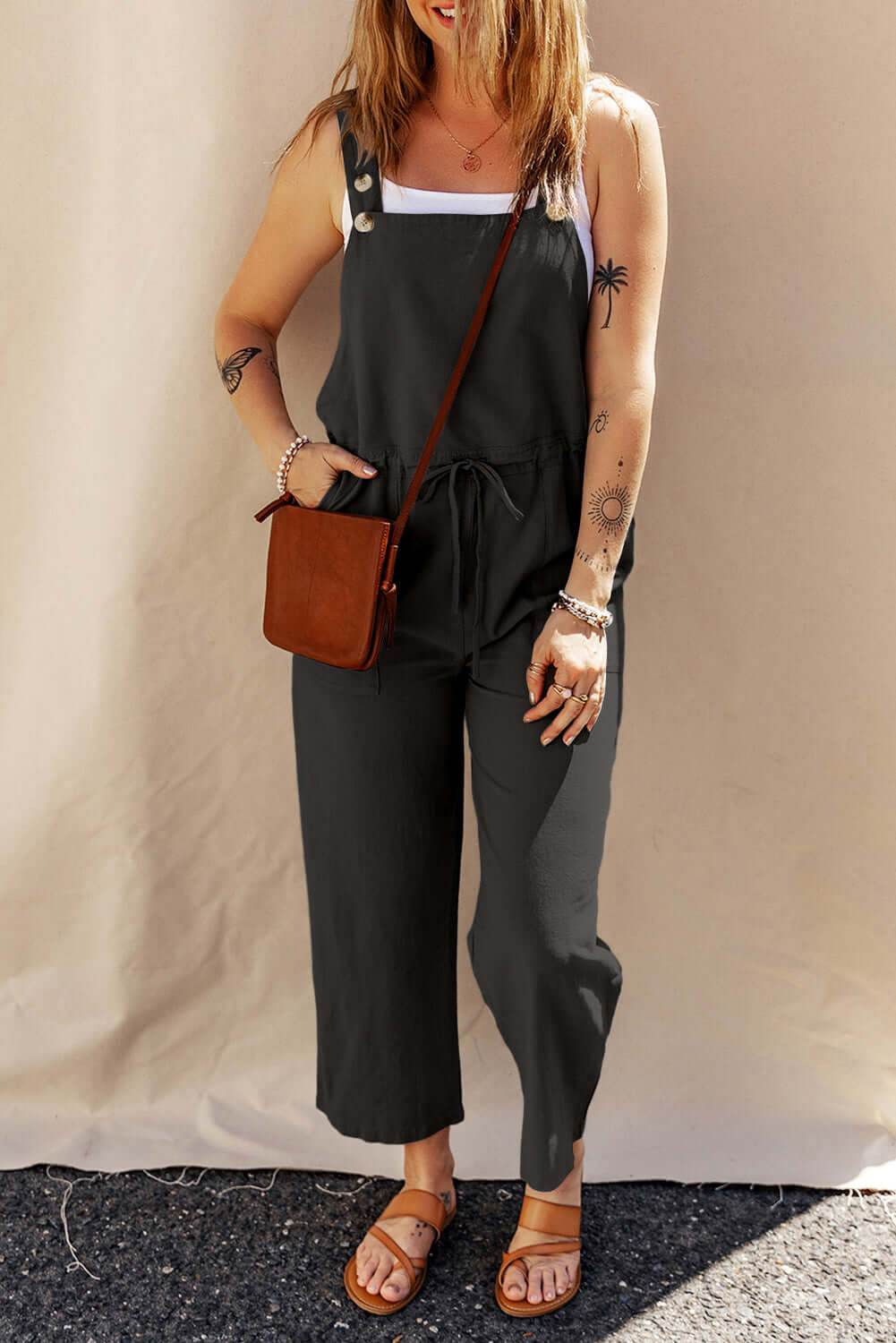 Cropped Drawstring Jumpsuit with Buttoned Straps
