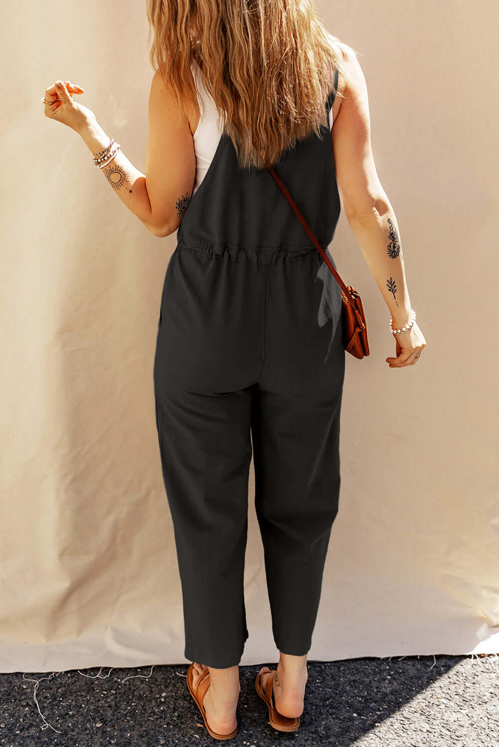 Cropped Drawstring Jumpsuit with Buttoned Straps