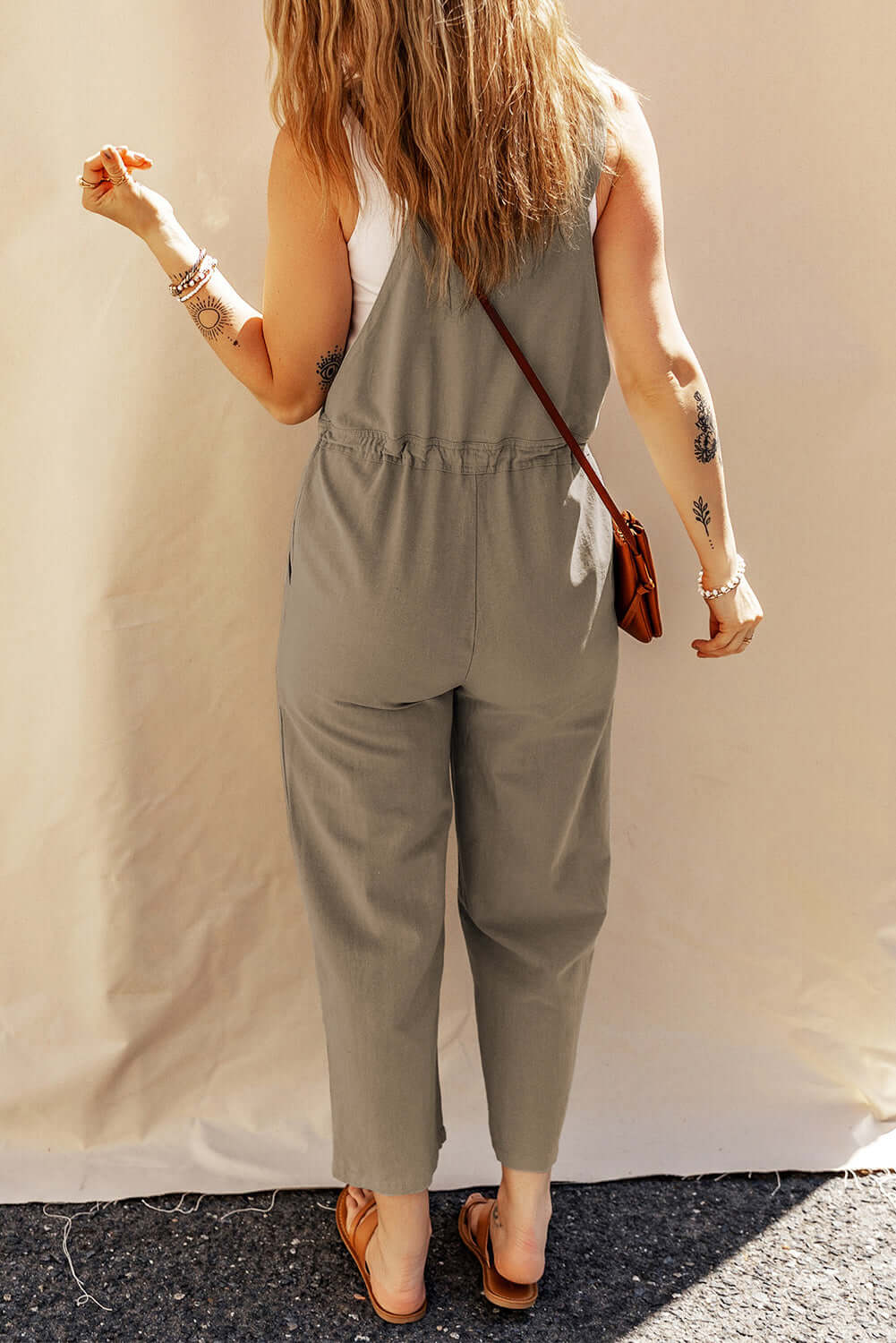 Cropped Drawstring Jumpsuit with Buttoned Straps