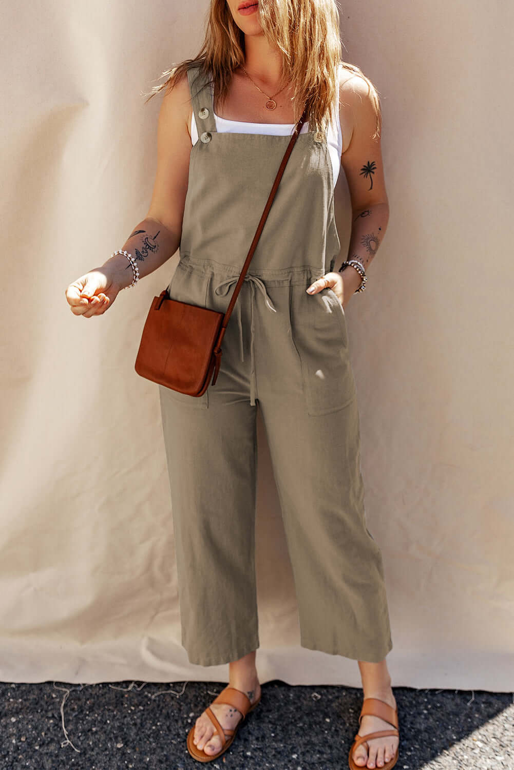 Cropped Drawstring Jumpsuit with Buttoned Straps