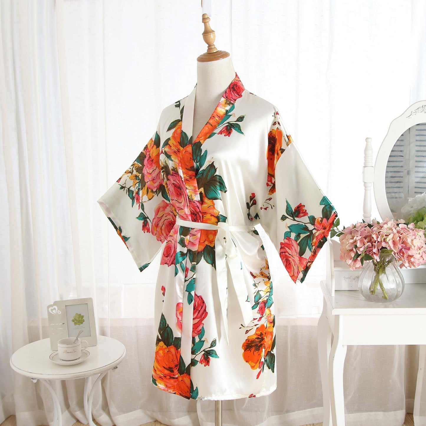 Ethereal Peony Floral Silky Kimono Robe