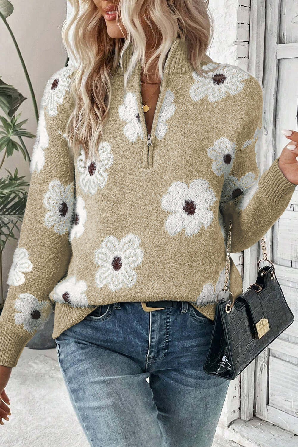 Floral Comfort Half-Zip Drop Shoulder Sweater
