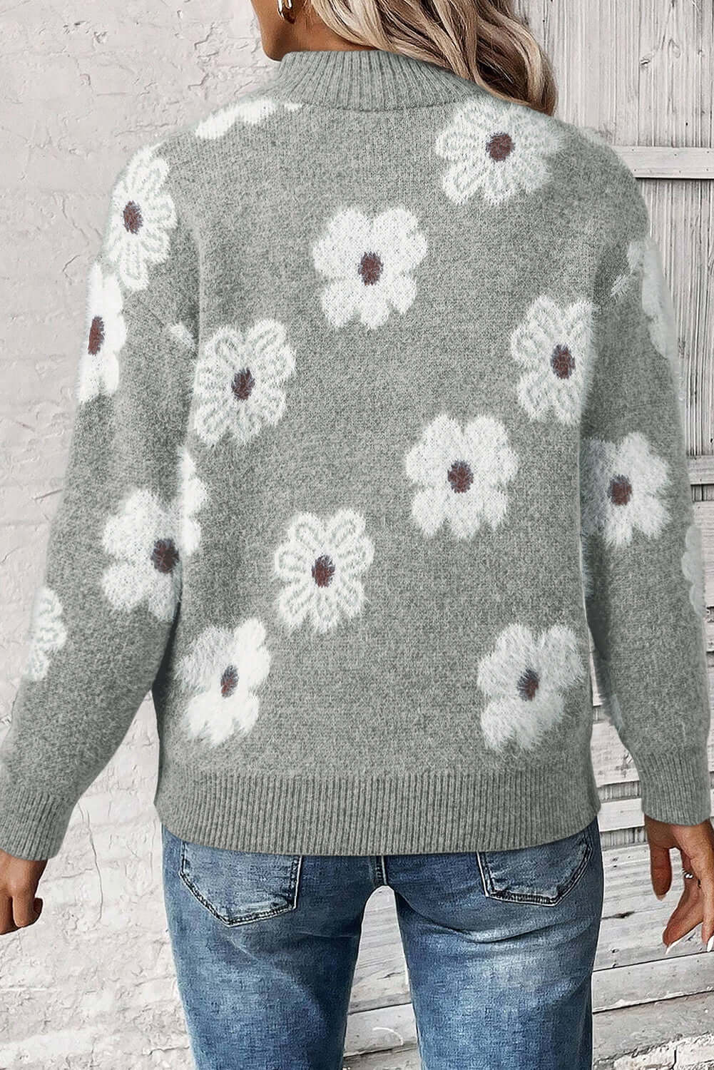 Floral Comfort Half-Zip Drop Shoulder Sweater