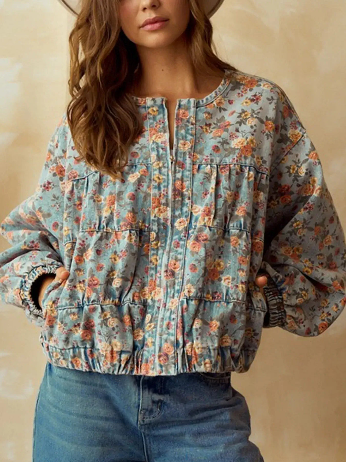 Floral Print Women's Cropped Denim Zip Up Jacket
