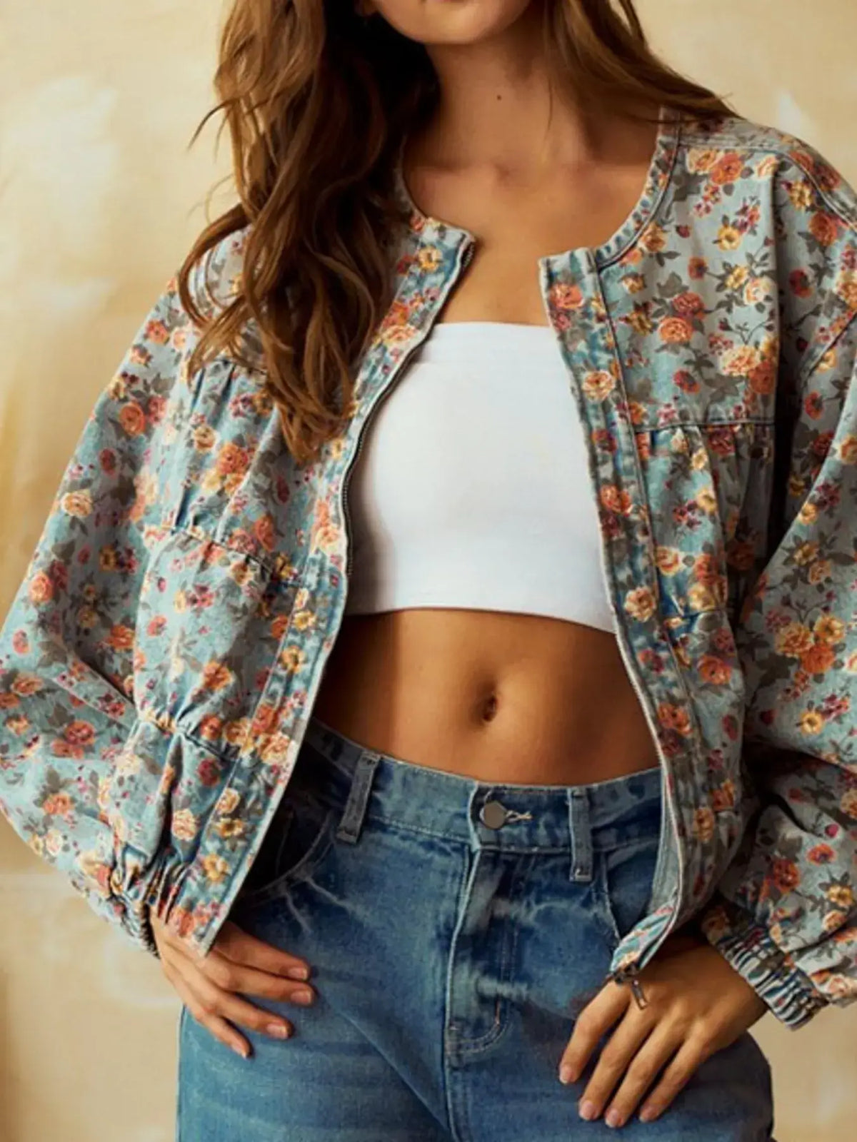 Floral Print Women's Cropped Denim Zip Up Jacket