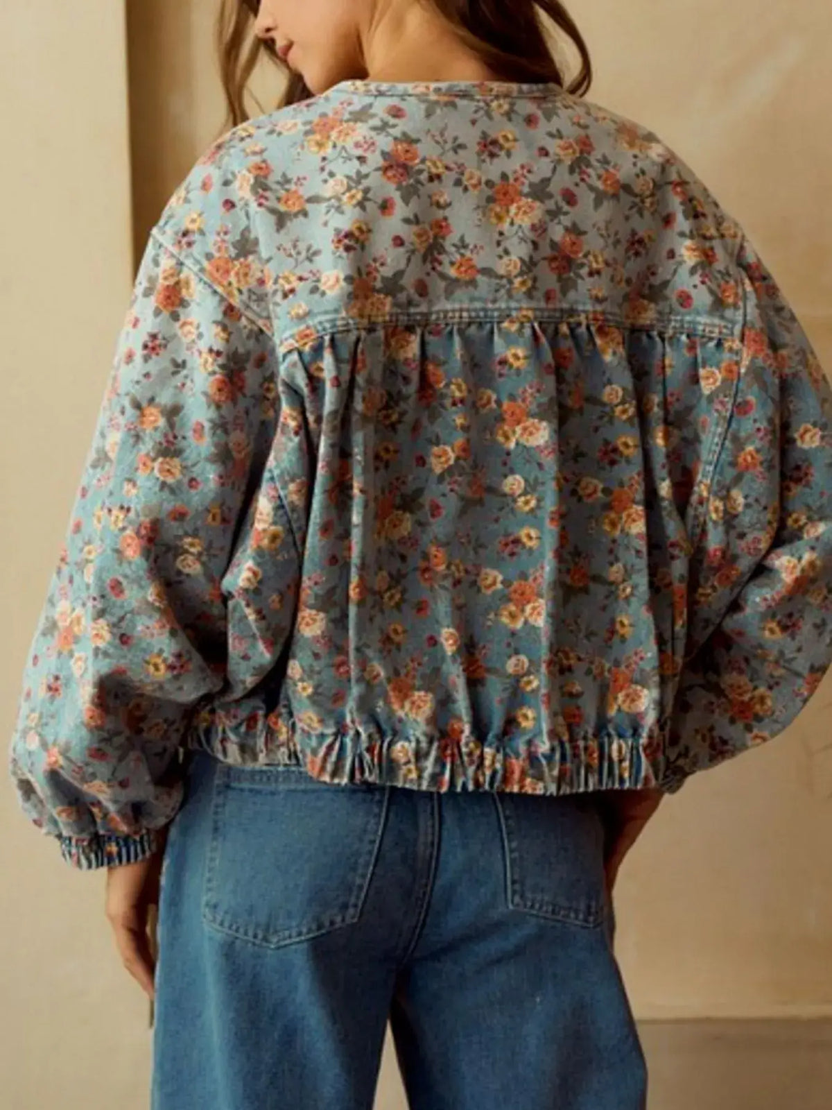 Floral Print Women's Cropped Denim Zip Up Jacket