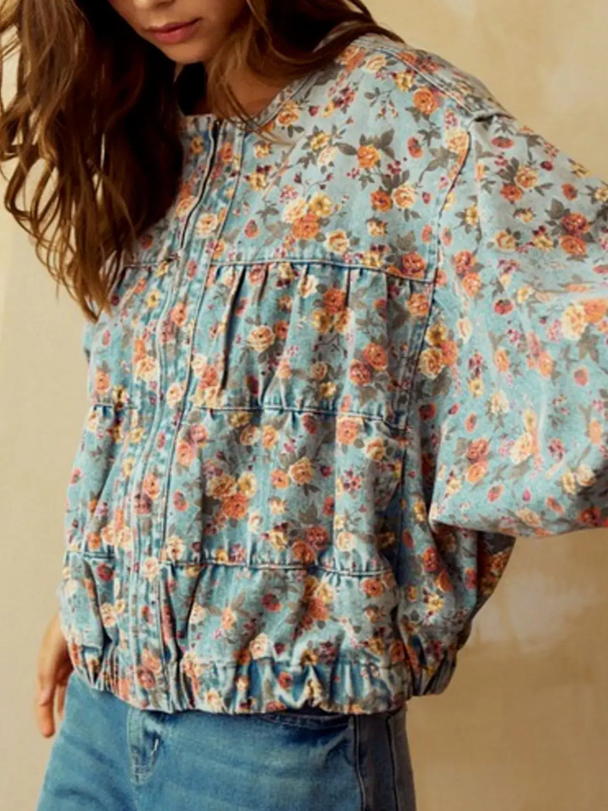 Floral Print Women's Cropped Denim Zip Up Jacket