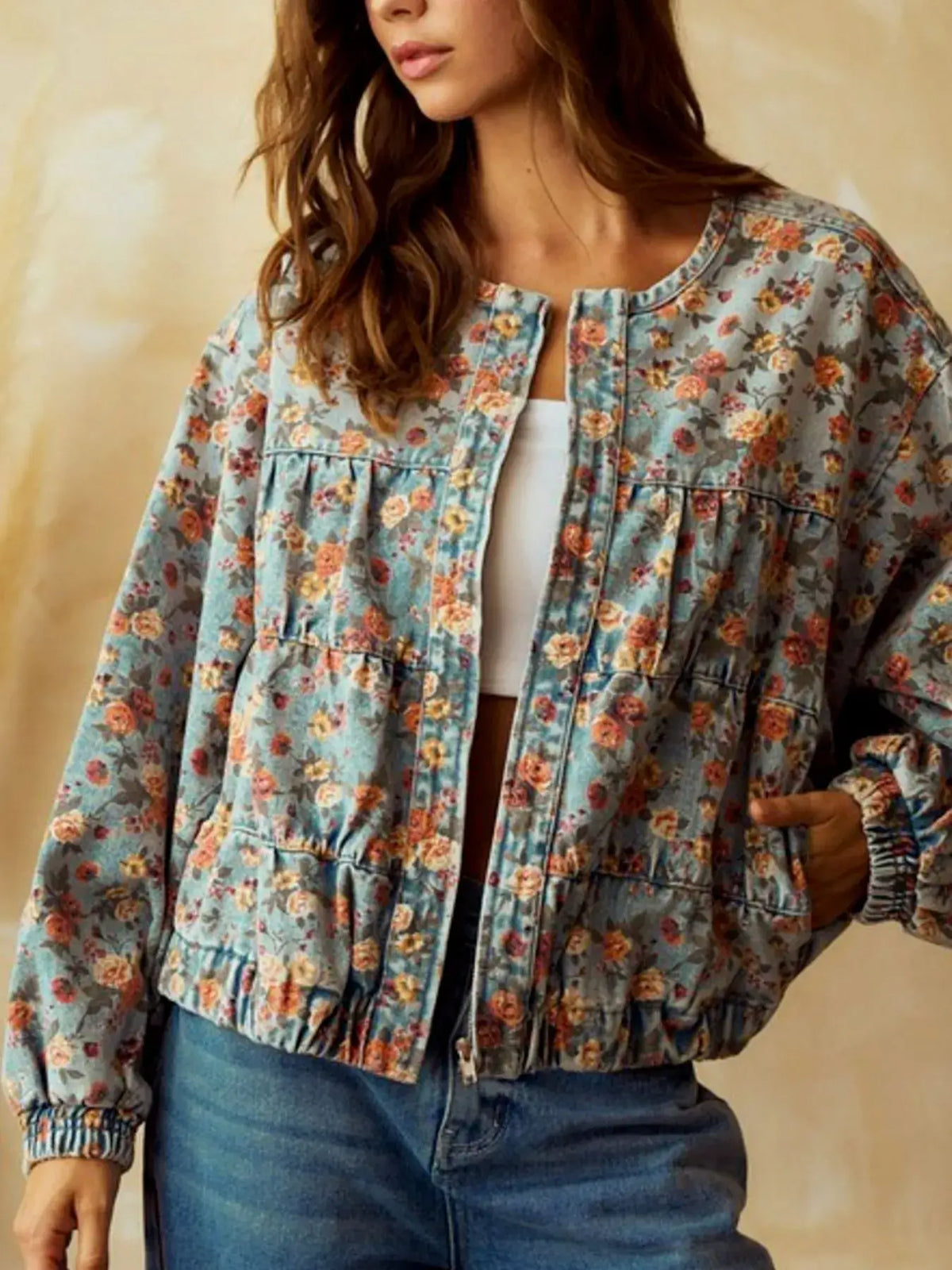 Floral Print Women's Cropped Denim Zip Up Jacket