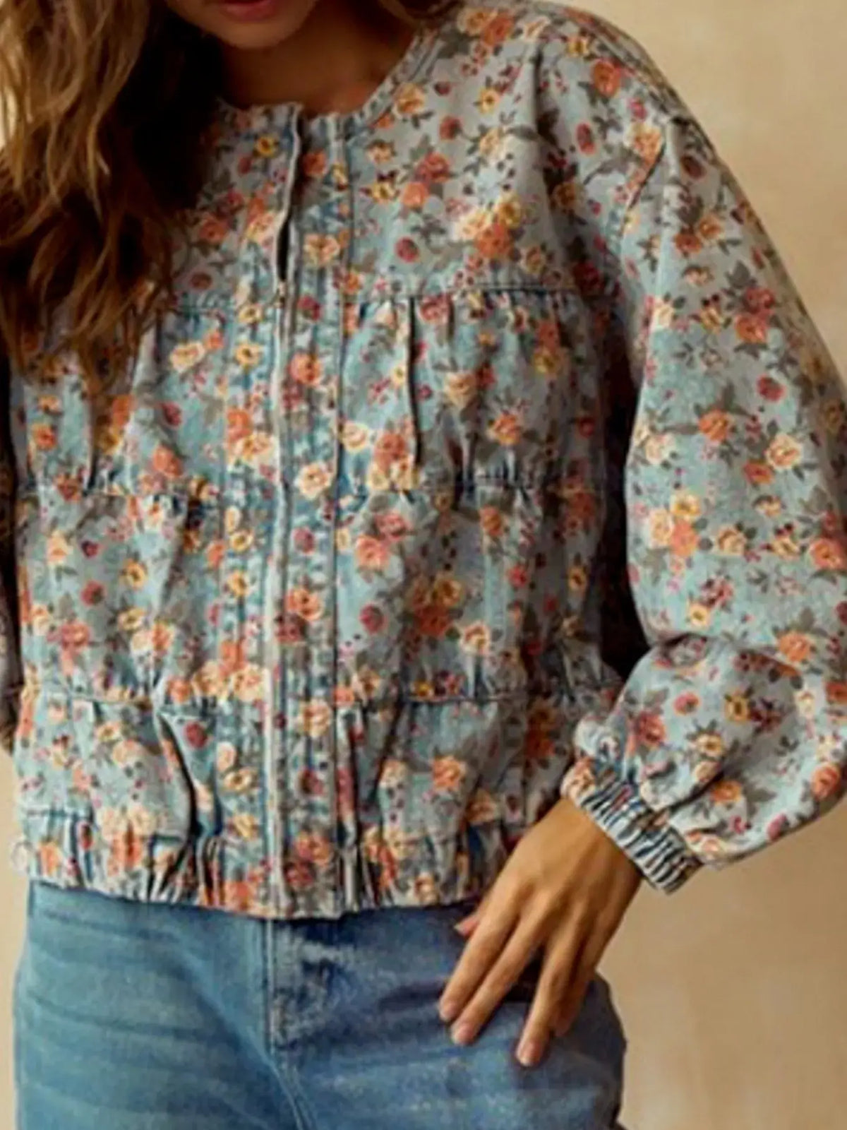 Floral Print Women's Cropped Denim Zip Up Jacket