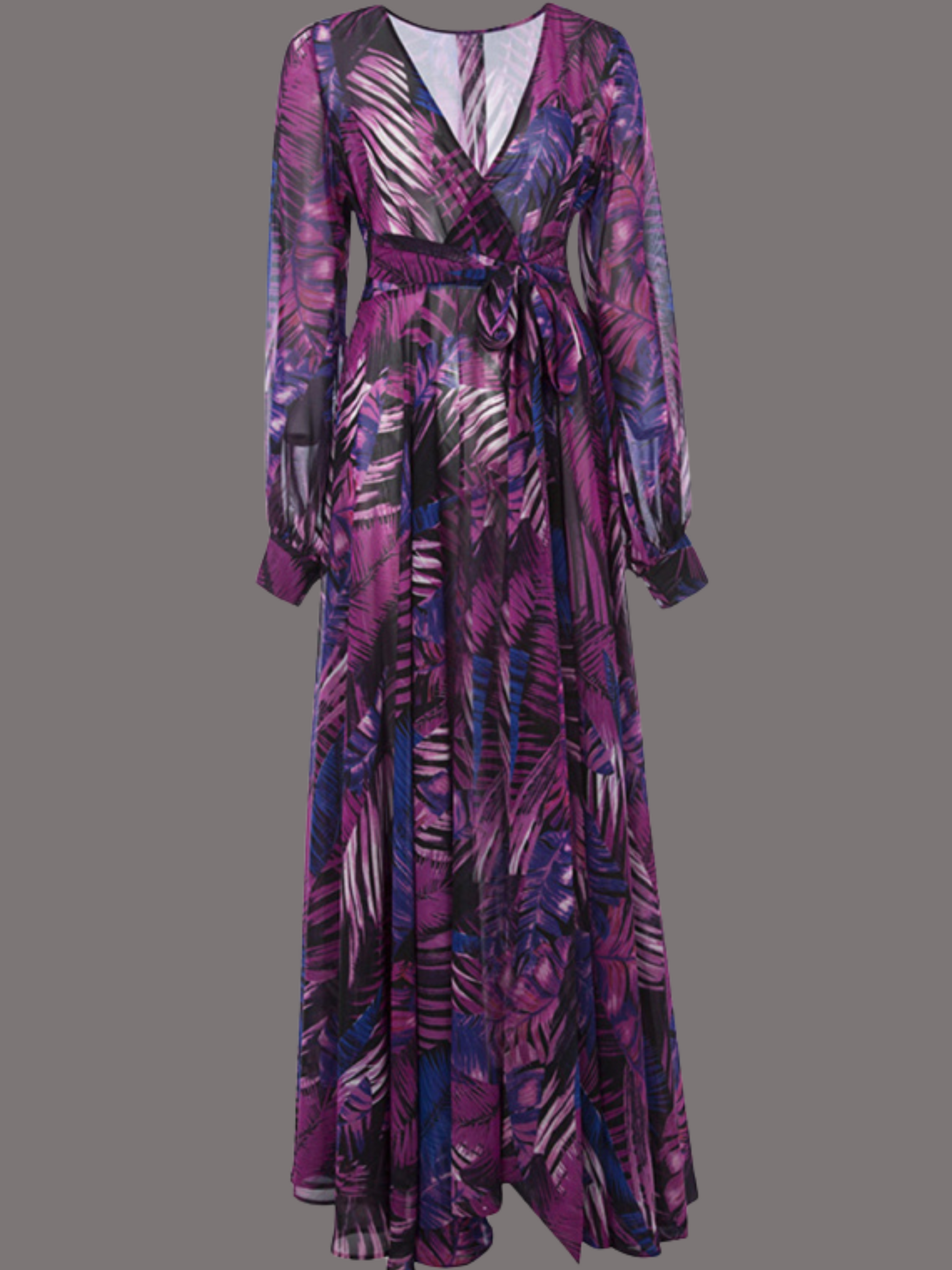 Flowing Grace Leaf Print Lantern Sleeve Dress