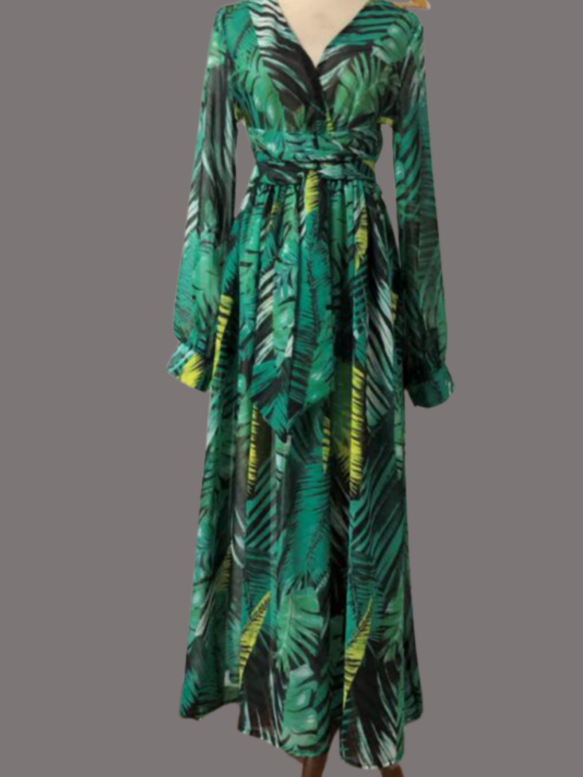 Flowing Grace Leaf Print Lantern Sleeve Dress