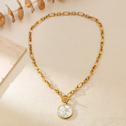 Golden Era Round Coin Pendant Necklace Waterproof Jewelry