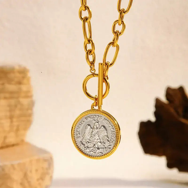 Golden Era Round Coin Pendant Necklace Waterproof Jewelry