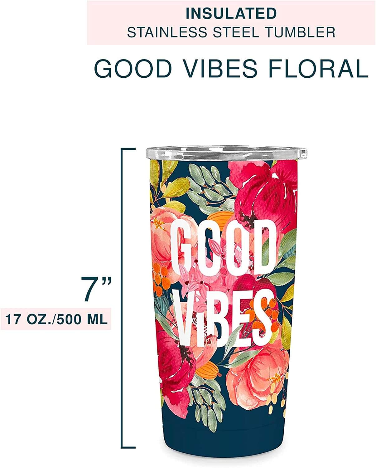 Good Vibes Floral Insulated Stainless-Steel 17oz Travel Mug