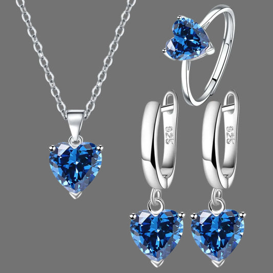 Heart Glow Sterling Silver Ring Earrings & Necklace Set