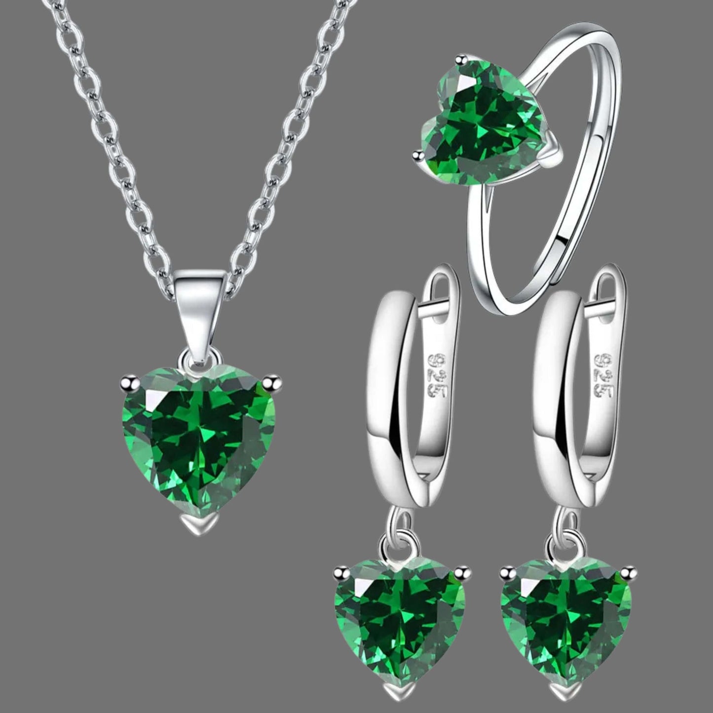 Heart Glow Sterling Silver Ring Earrings & Necklace Set