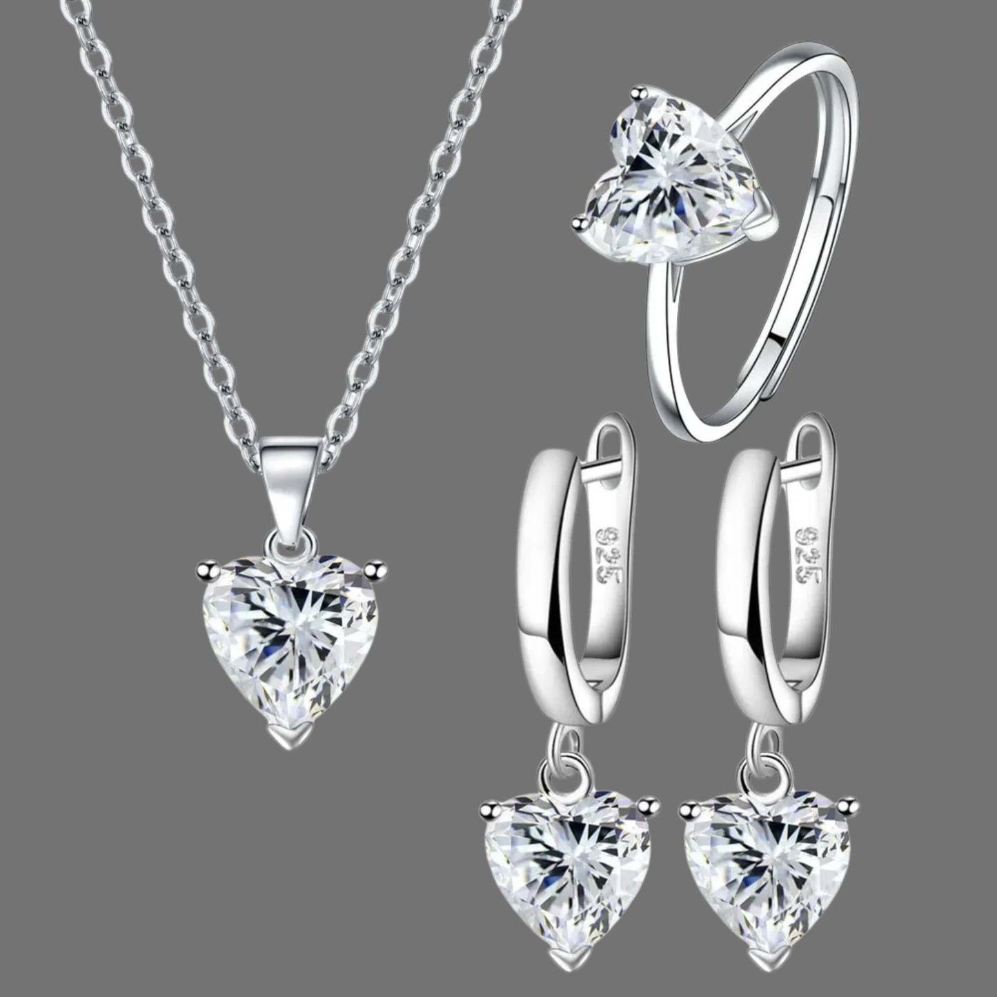 Heart Glow Sterling Silver Ring Earrings & Necklace Set