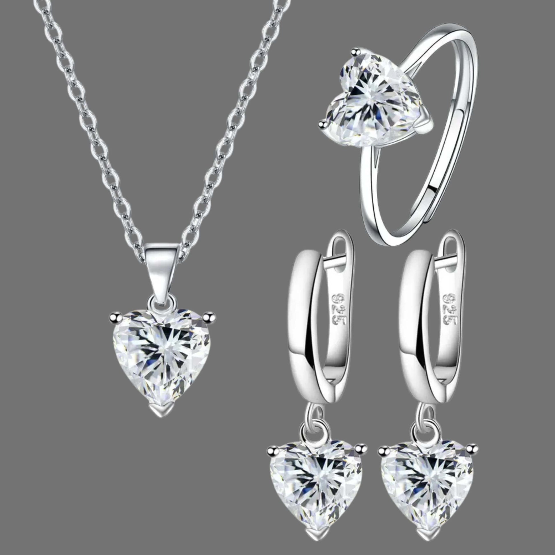 Heart Glow Sterling Silver Ring Earrings & Necklace Set