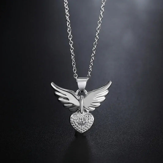 Heart Wings 925 Sterling Silver Zircon Pendant Necklace